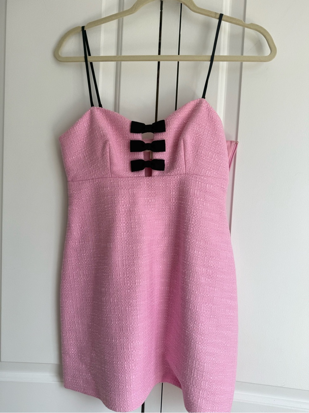 LoveShackFancy Pink Mini Dress with Black Bow Accents